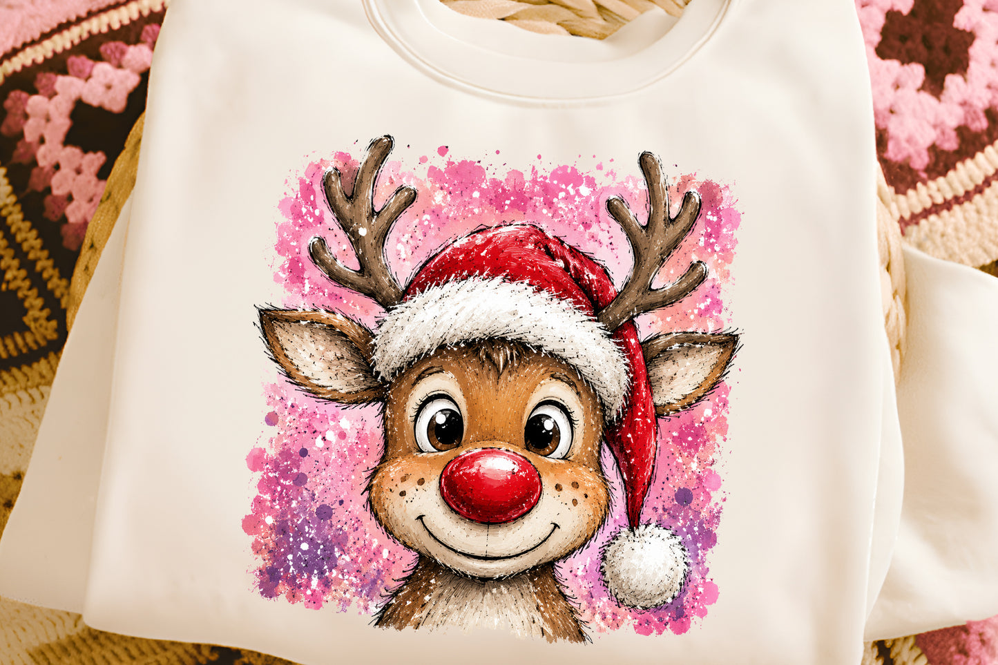 Cute Christmas Reindeer Santa Hat Pink Christmas PNG