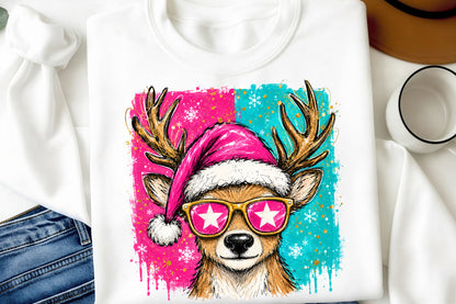 Cute Christmas Reindeer PNG | Pink Santa Hat Holiday Sublimation Clipart