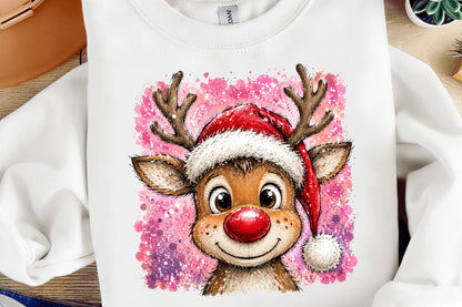 Cute Christmas Reindeer Santa Hat Pink Christmas PNG