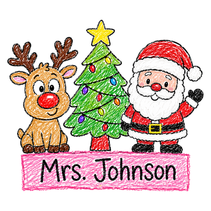 Christmas Teacher Custom Name PNG | Santa Reindeer Christmas Tree