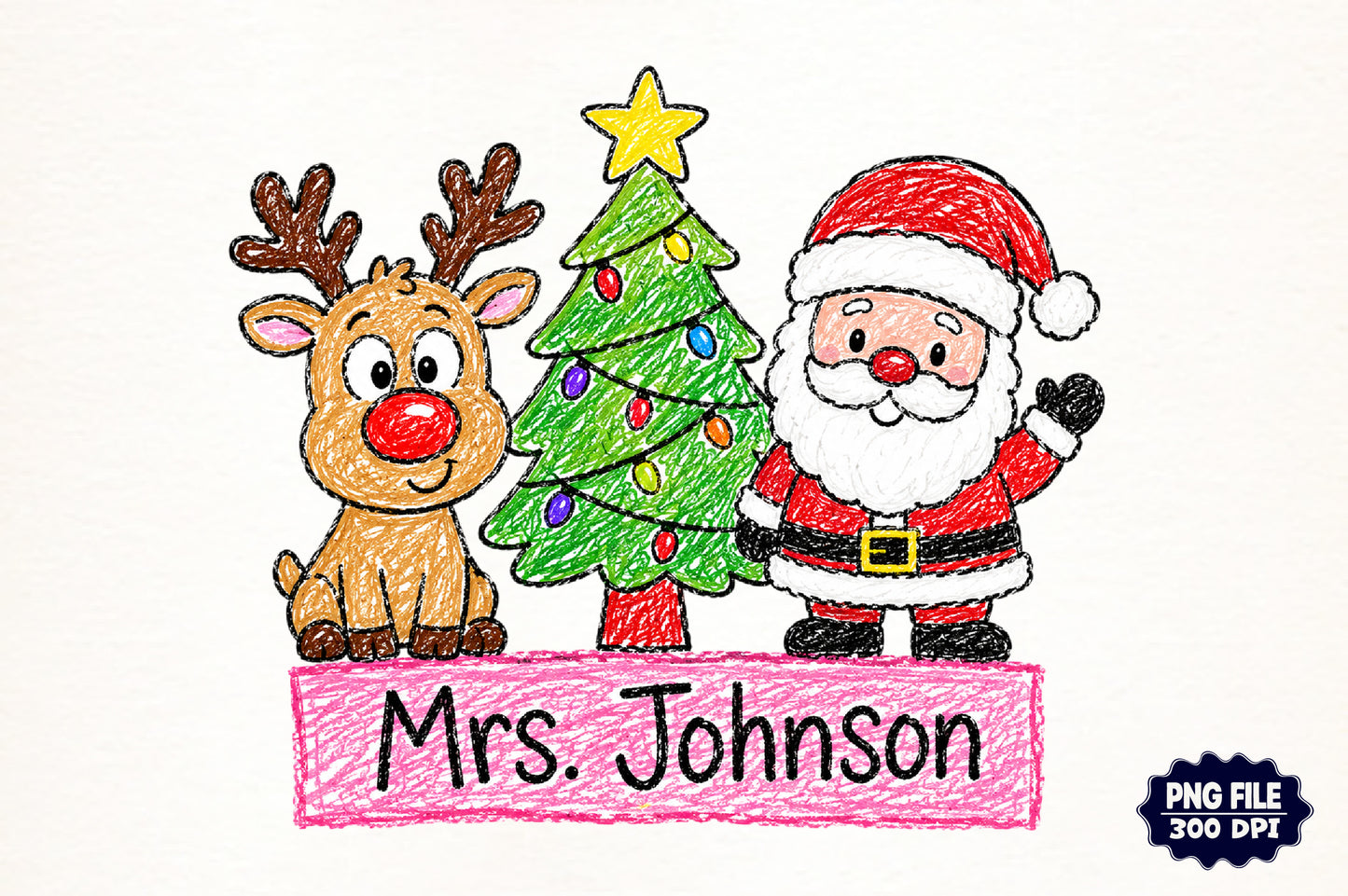 Christmas Teacher Custom Name PNG | Santa Reindeer Christmas Tree