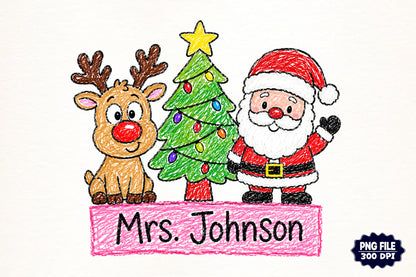 Christmas Teacher Custom Name PNG | Santa Reindeer Christmas Tree