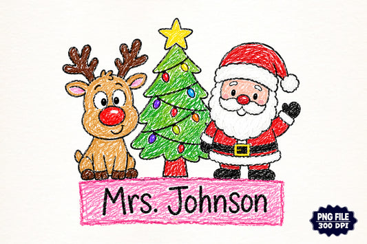 Christmas Teacher Custom Name PNG | Santa Reindeer Christmas Tree