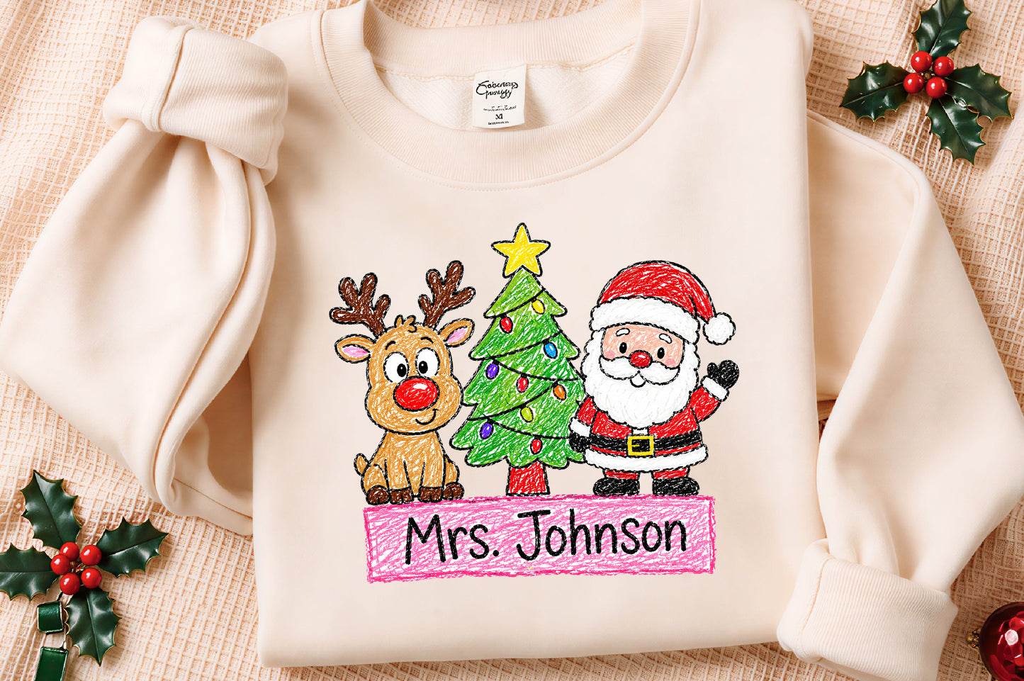 Christmas Teacher Custom Name PNG | Santa Reindeer Christmas Tree