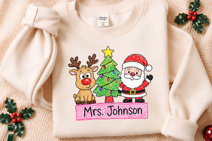 Christmas Teacher Custom Name PNG | Santa Reindeer Christmas Tree