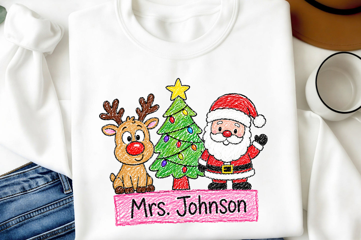 Christmas Teacher Custom Name PNG | Santa Reindeer Christmas Tree