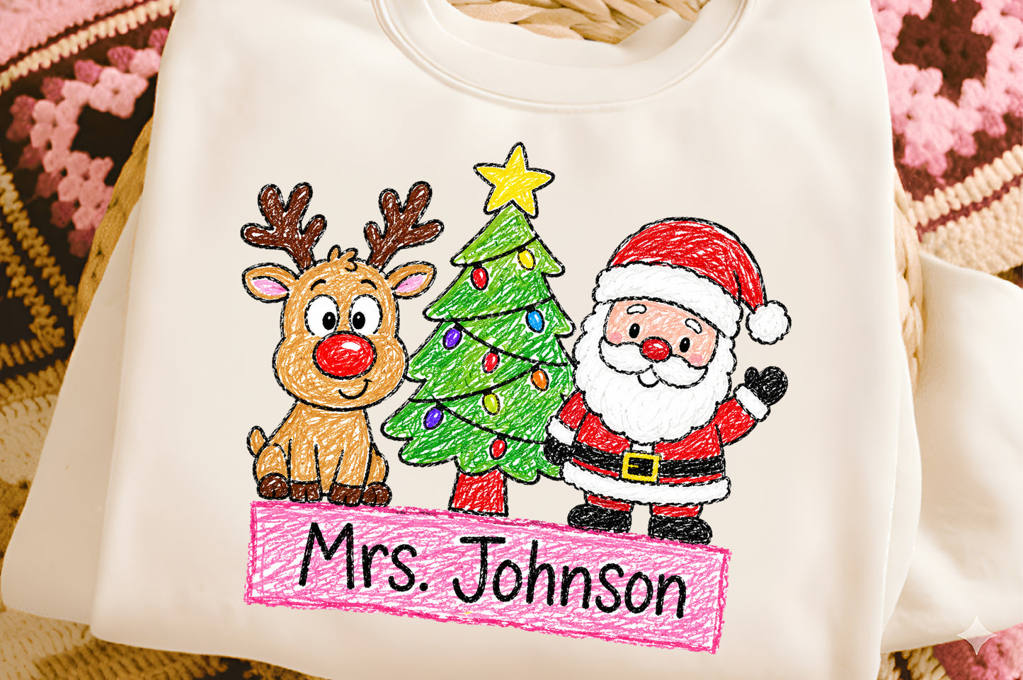 Christmas Teacher Custom Name PNG | Santa Reindeer Christmas Tree