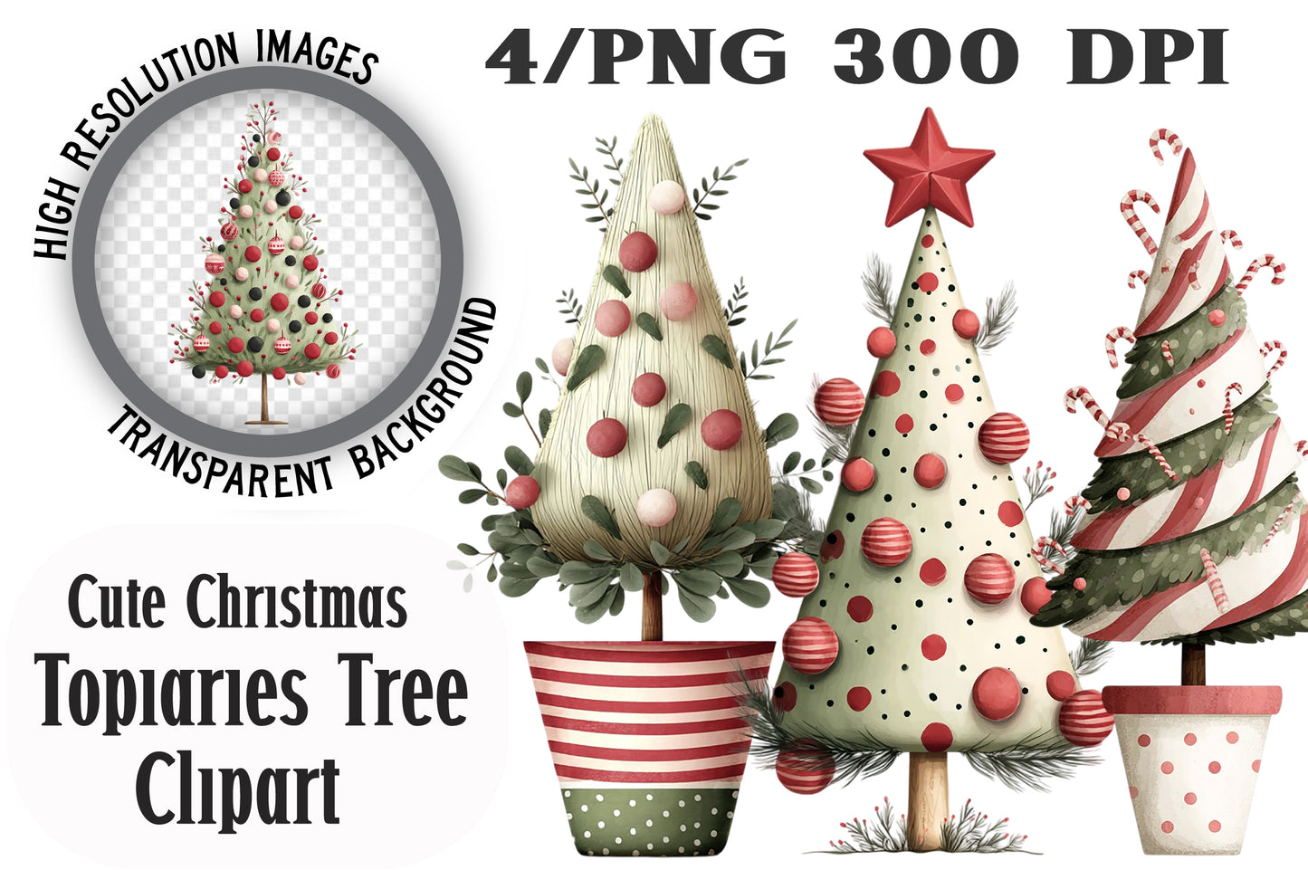 Cute Christmas Topiary Tree Clipart PNG Bundle | Watercolor Holiday Topiary Trees