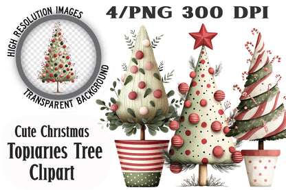 Cute Christmas Topiary Tree Clipart PNG Bundle | Watercolor Holiday Topiary Trees