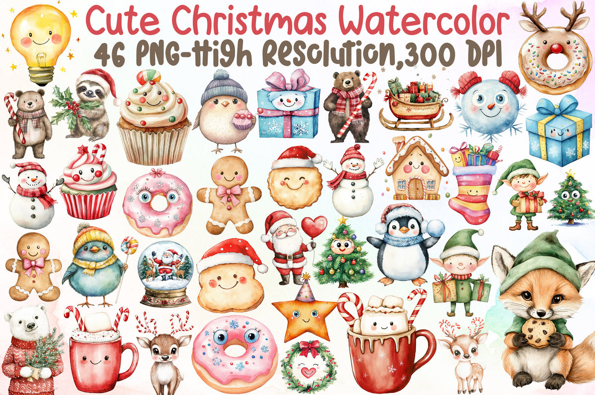 Cute Christmas Watercolor Clipart PNG Bundle Commercial Use