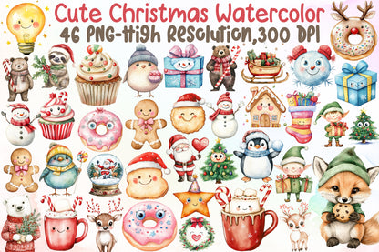 Cute Christmas Watercolor Clipart PNG Bundle Commercial Use