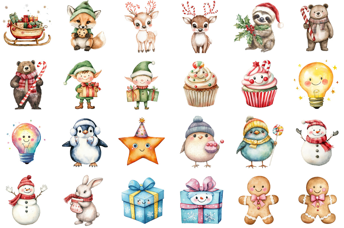 Cute Christmas Watercolor Clipart PNG Bundle Commercial Use