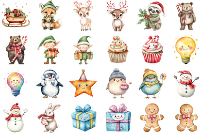 Cute Christmas Watercolor Clipart PNG Bundle Commercial Use