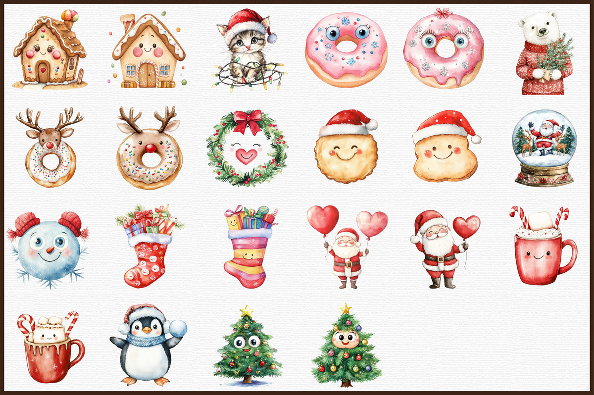 Cute Christmas Watercolor Clipart PNG Bundle Commercial Use