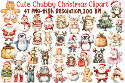 Cute Chubby Christmas Clipart PNG Bundle Commercial Use