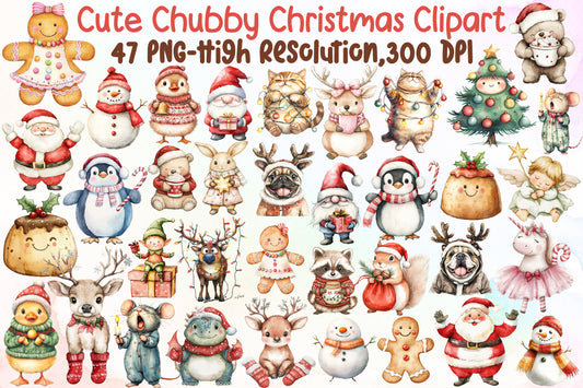 Cute Chubby Christmas Clipart PNG Bundle Commercial Use