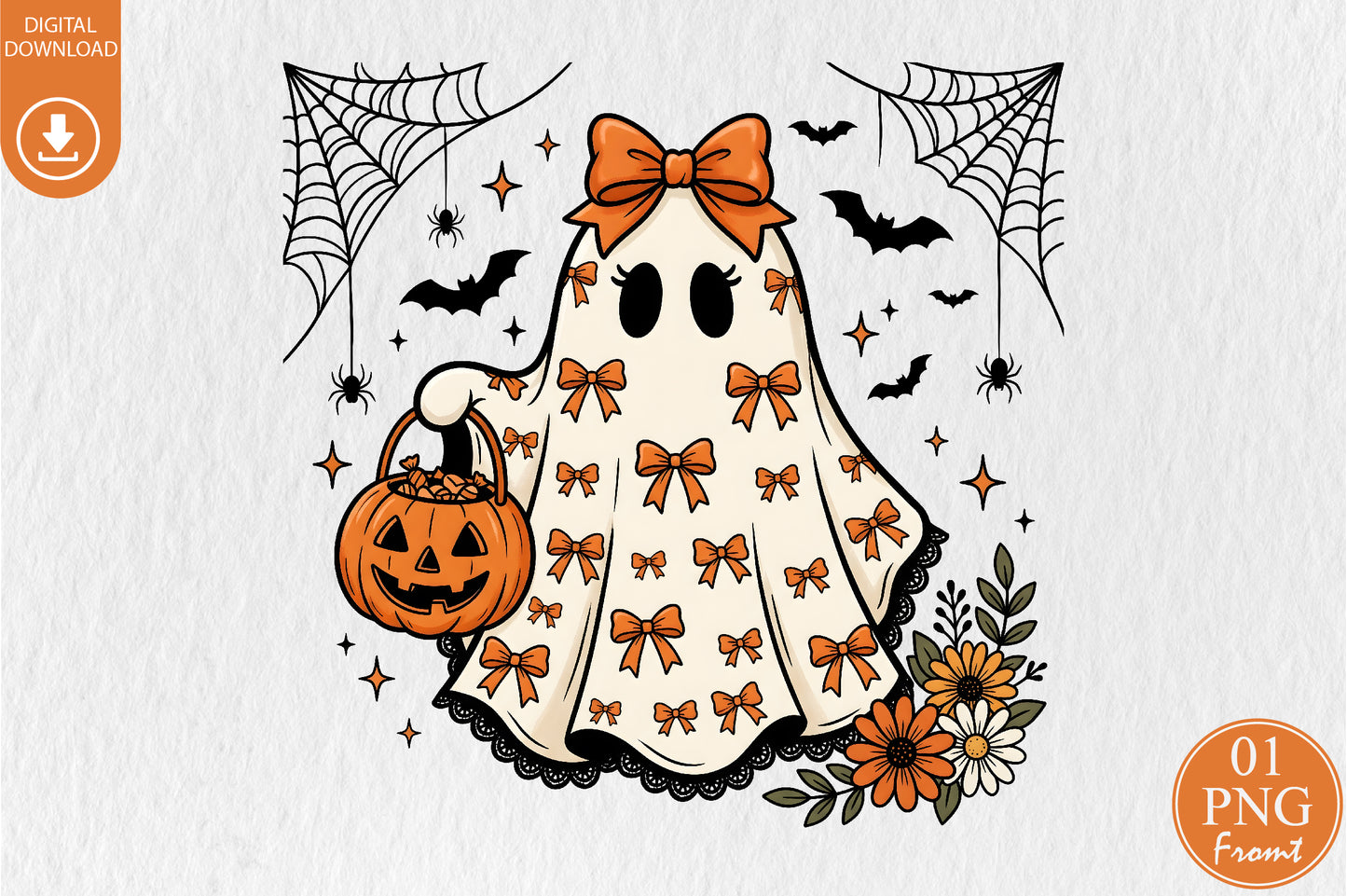 Cute Coquette Ghost PNG Halloween Bow Pumpkin Spooky Sublimation Design