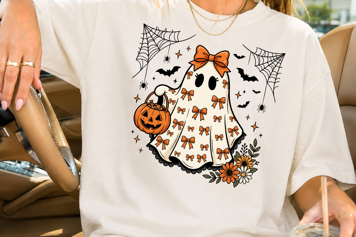 Cute Coquette Ghost PNG Halloween Bow Pumpkin Spooky Sublimation Design