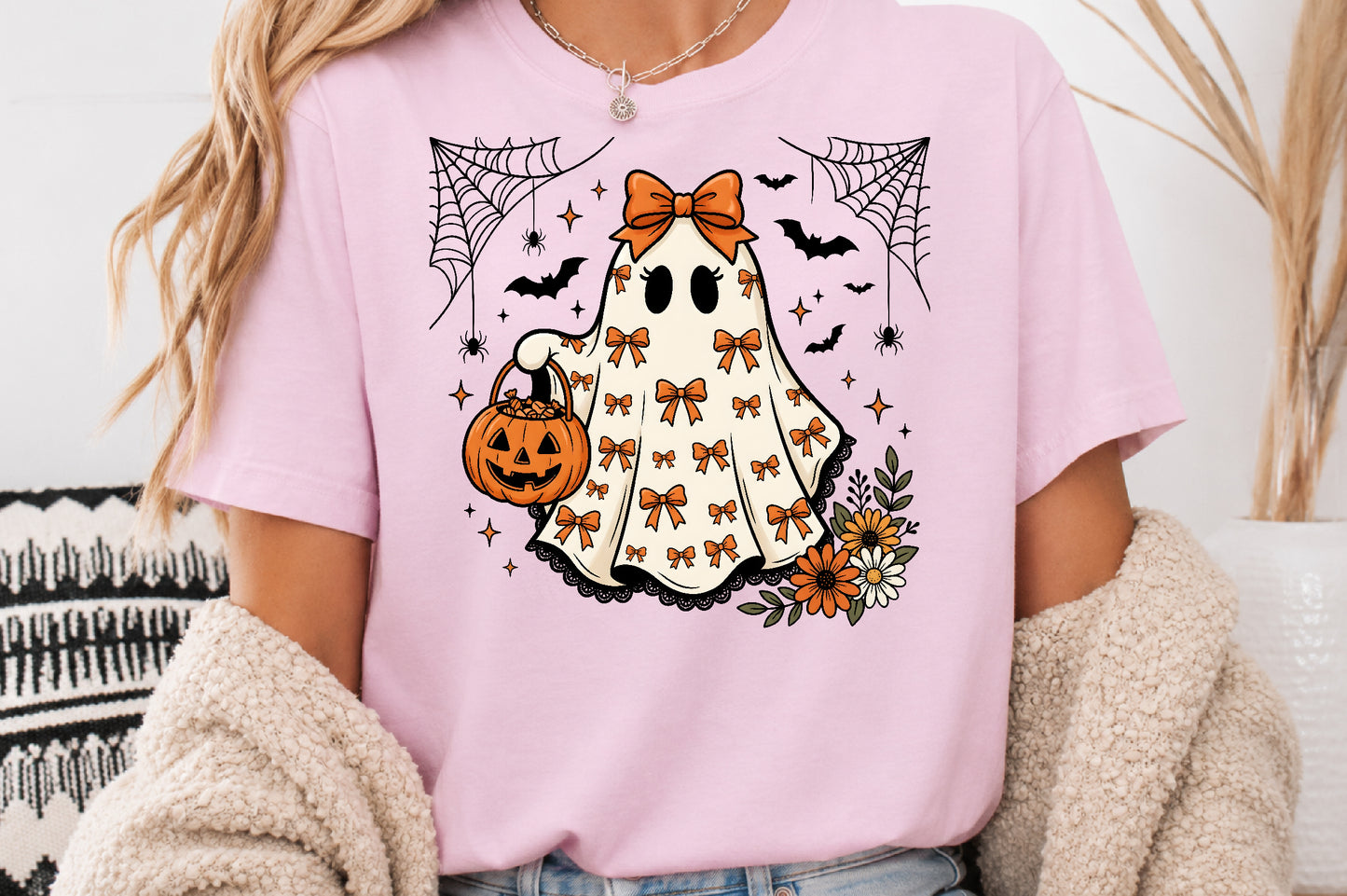 Cute Coquette Ghost PNG Halloween Bow Pumpkin Spooky Sublimation Design