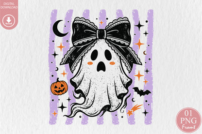 Cute Coquette Ghost PNG Halloween Bow Pumpkin Purple Spooky Sublimation Design