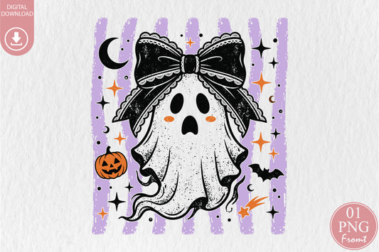 Cute Coquette Ghost PNG Halloween Bow Pumpkin Purple Spooky Sublimation Design
