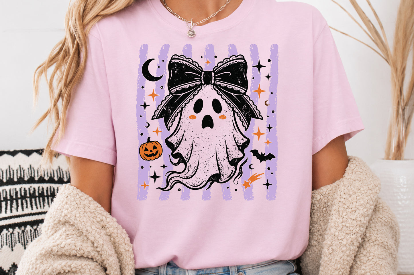 Cute Coquette Ghost PNG Halloween Bow Pumpkin Purple Spooky Sublimation Design