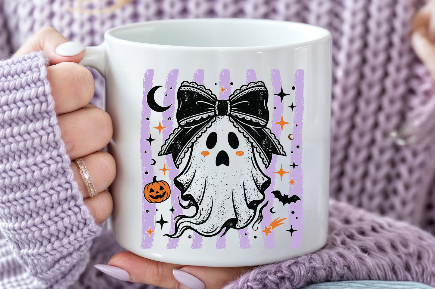 Cute Coquette Ghost PNG Halloween Bow Pumpkin Purple Spooky Sublimation Design