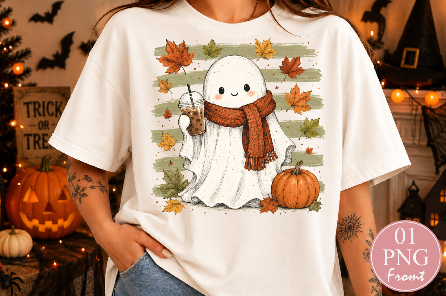 Cute Fall Ghost PNG Autumn Pumpkin Coffee Cozy Halloween Sublimation Design