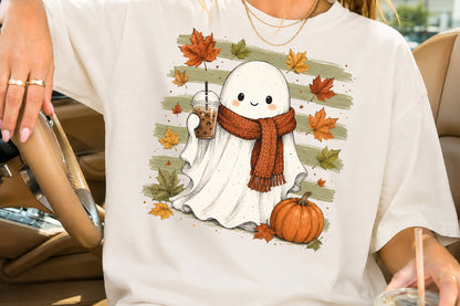Cute Fall Ghost PNG Autumn Pumpkin Coffee Cozy Halloween Sublimation Design