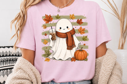 Cute Fall Ghost PNG Autumn Pumpkin Coffee Cozy Halloween Sublimation Design