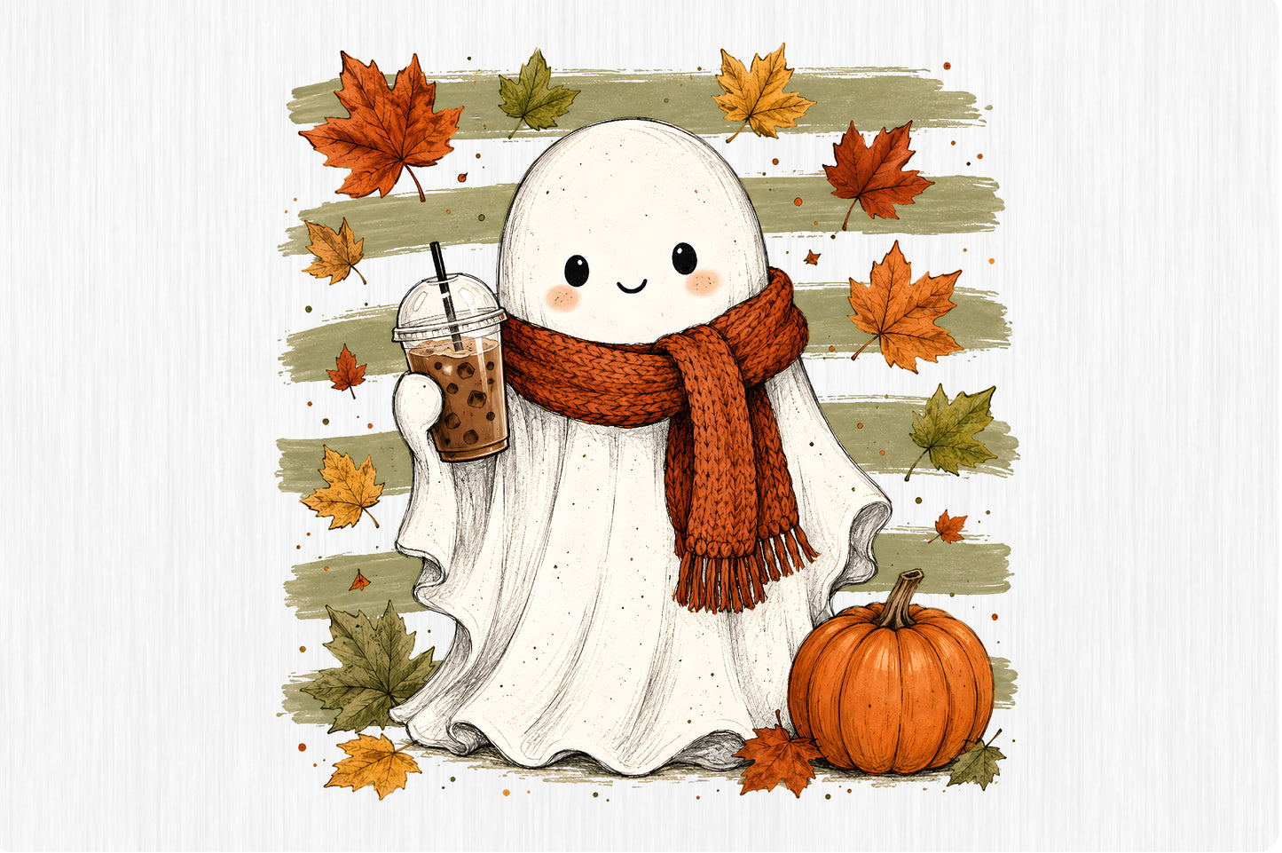 Cute Fall Ghost PNG Autumn Pumpkin Coffee Cozy Halloween Sublimation Design