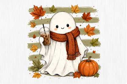 Cute Fall Ghost PNG Autumn Pumpkin Coffee Cozy Halloween Sublimation Design