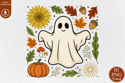 Cute Fall Ghost PNG Autumn Harvest Pumpkin Sunflower Sublimation Design