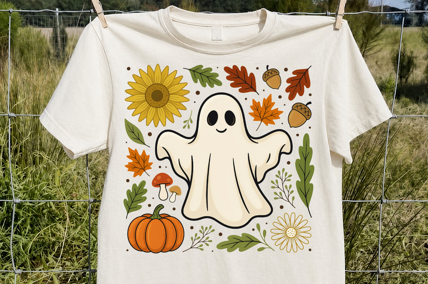 Cute Fall Ghost PNG Autumn Harvest Pumpkin Sunflower Sublimation Design