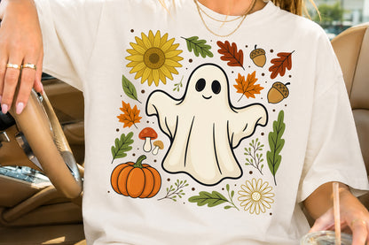 Cute Fall Ghost PNG Autumn Harvest Pumpkin Sunflower Sublimation Design