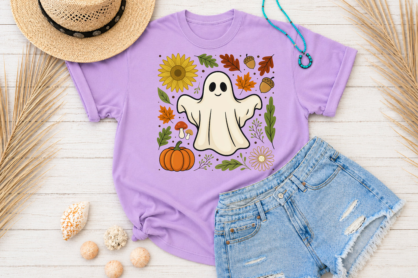 Cute Fall Ghost PNG Autumn Harvest Pumpkin Sunflower Sublimation Design