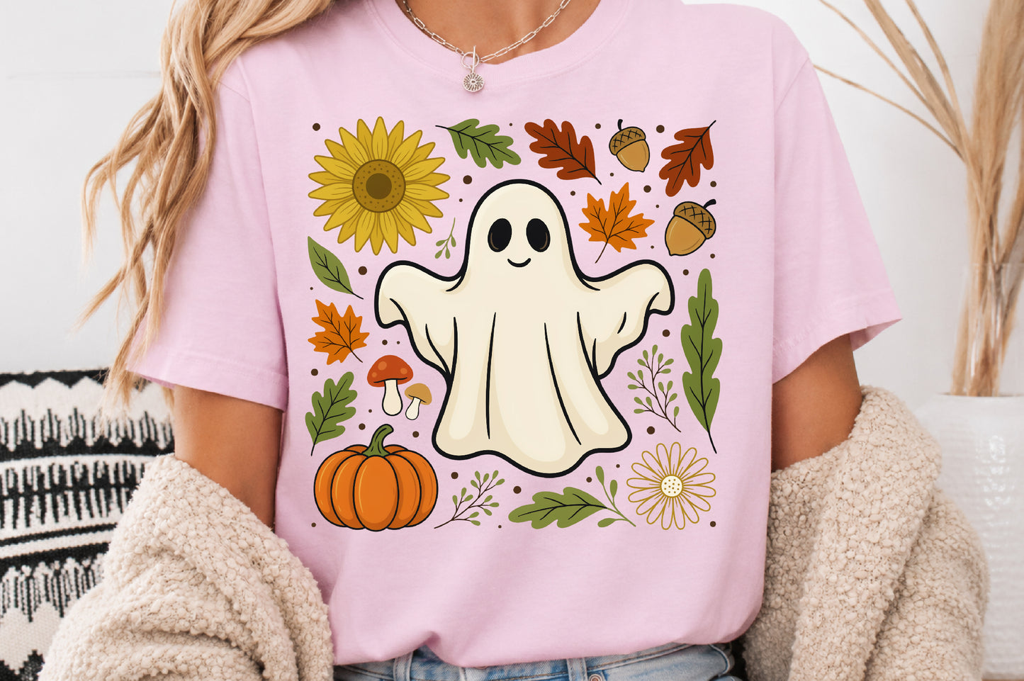 Cute Fall Ghost PNG Autumn Harvest Pumpkin Sunflower Sublimation Design