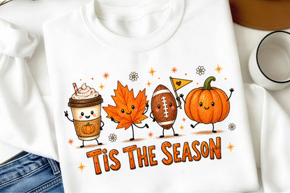 Cute Fall Autumn PNG Tis The Season Pumpkin Football Coffee Maple Leaf
