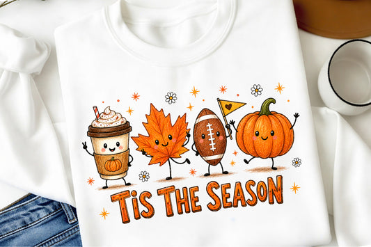 Cute Fall Autumn PNG Tis The Season Pumpkin Football Coffee Maple Leaf