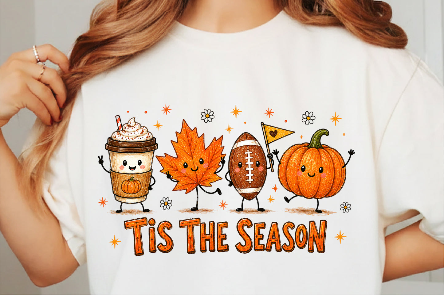 Cute Fall Autumn PNG Tis The Season Pumpkin Football Coffee Maple Leaf