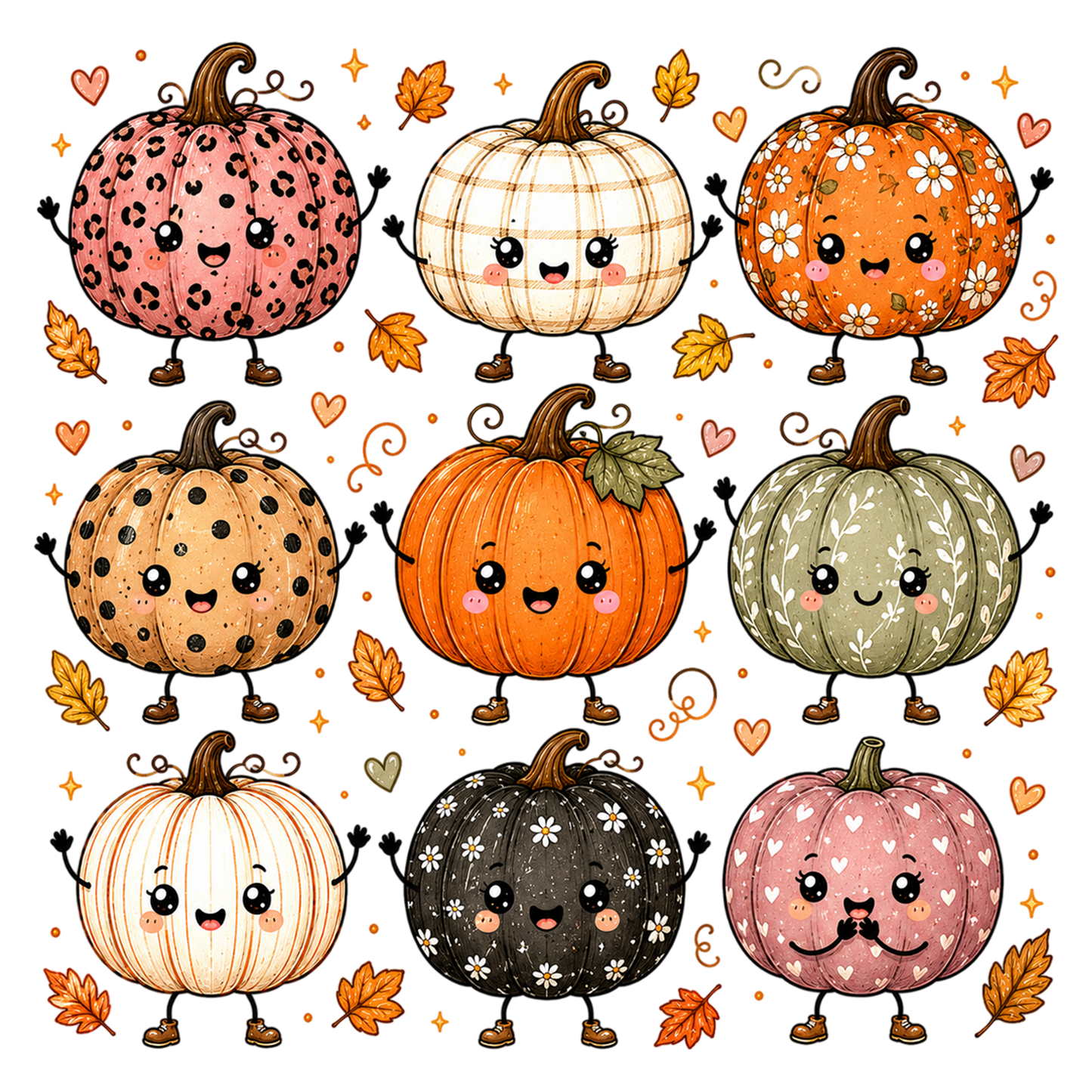 Cute Fall Pumpkin Characters PNG Autumn Pumpkin Sublimation Clipart
