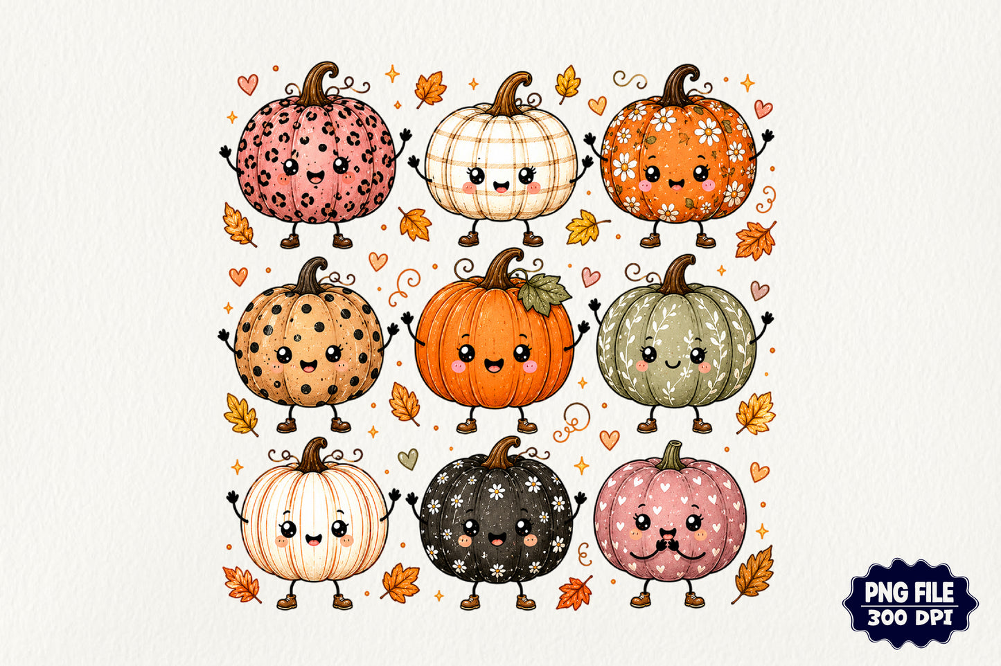 Cute Fall Pumpkin Characters PNG Autumn Pumpkin Sublimation Clipart