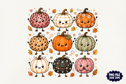 Cute Fall Pumpkin Characters PNG Autumn Pumpkin Sublimation Clipart
