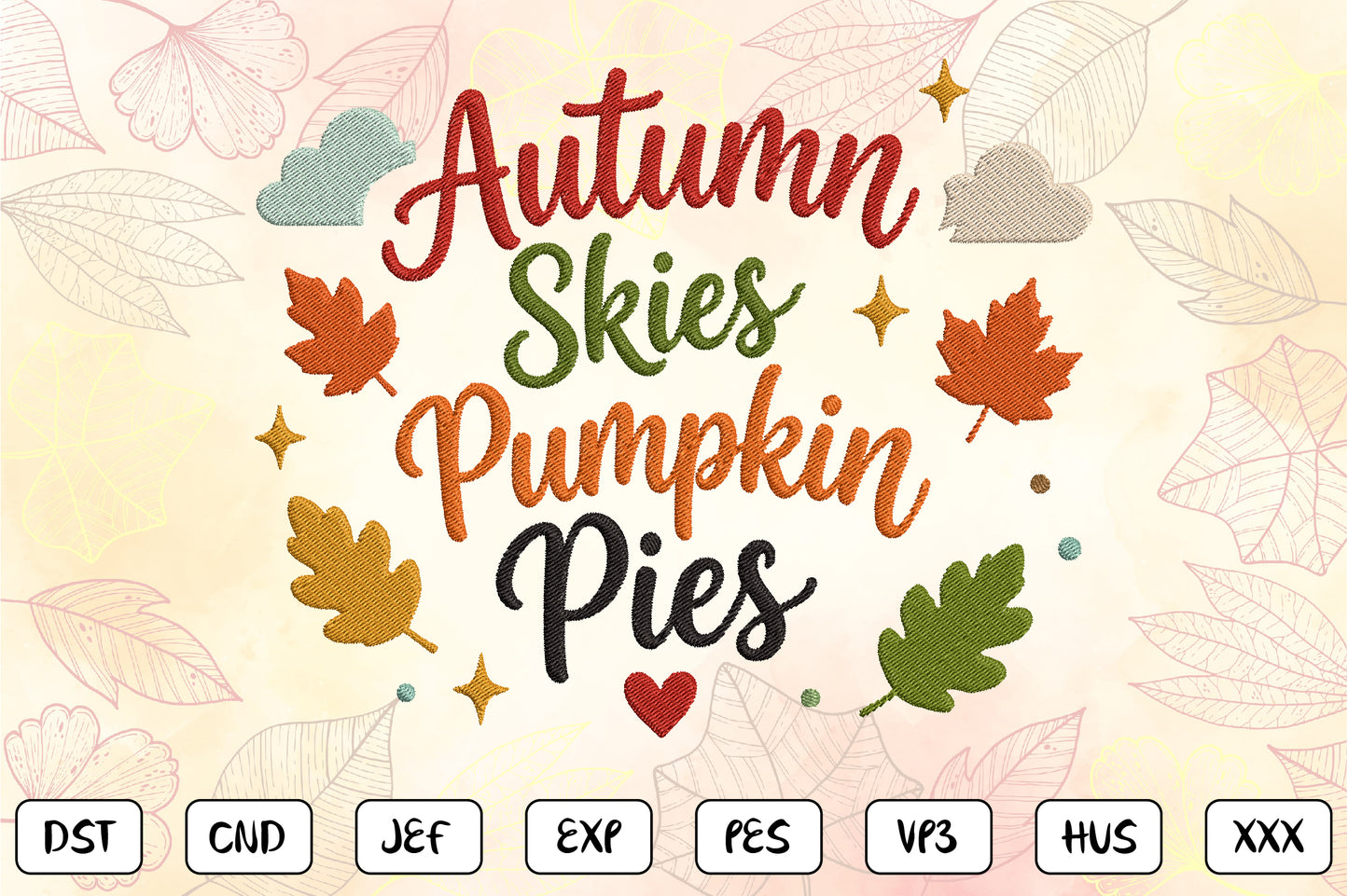 Cute Fall Pumpkin Embroidery Design, Autumn Skies Pumpkin Pies Machine Embroidery Pattern, Colorful Fall Leaves Embroidery Design