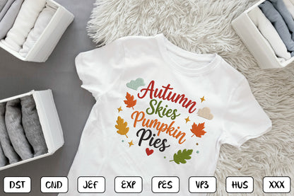 Cute Fall Pumpkin Embroidery Design, Autumn Skies Pumpkin Pies Machine Embroidery Pattern, Colorful Fall Leaves Embroidery Design
