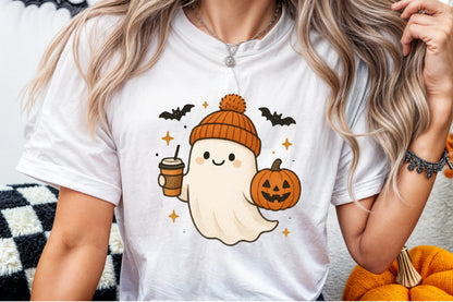 Cute Ghost Coffee Pumpkin Halloween PNG Sublimation