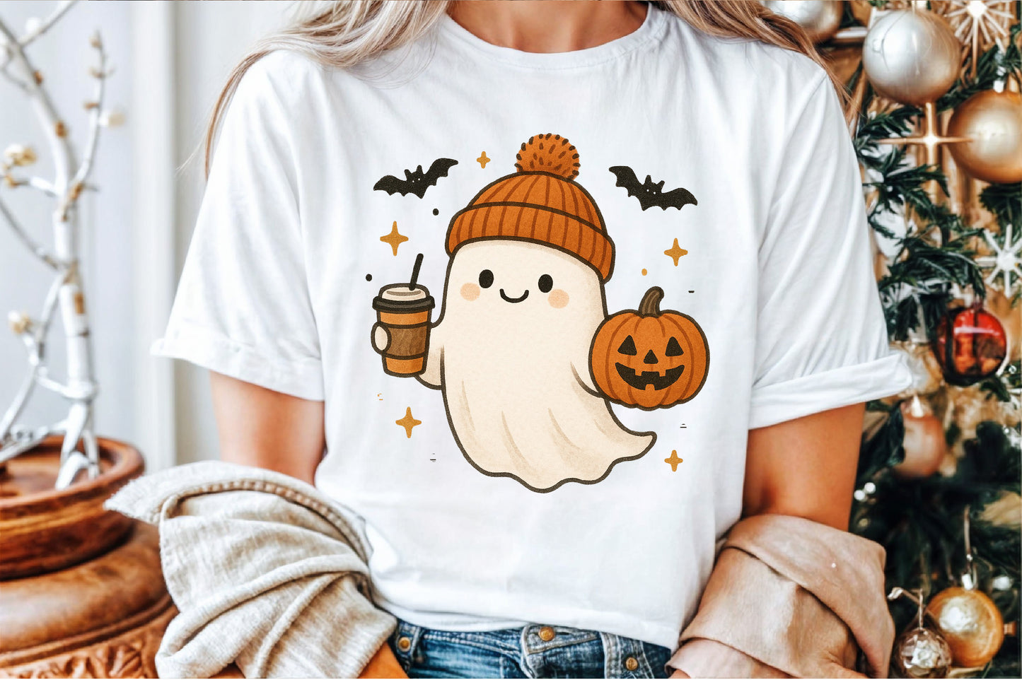 Cute Ghost Coffee Pumpkin Halloween PNG Sublimation