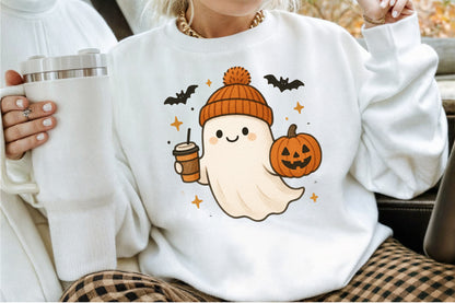 Cute Ghost Coffee Pumpkin Halloween PNG Sublimation