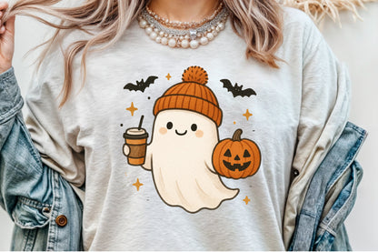 Cute Ghost Coffee Pumpkin Halloween PNG Sublimation