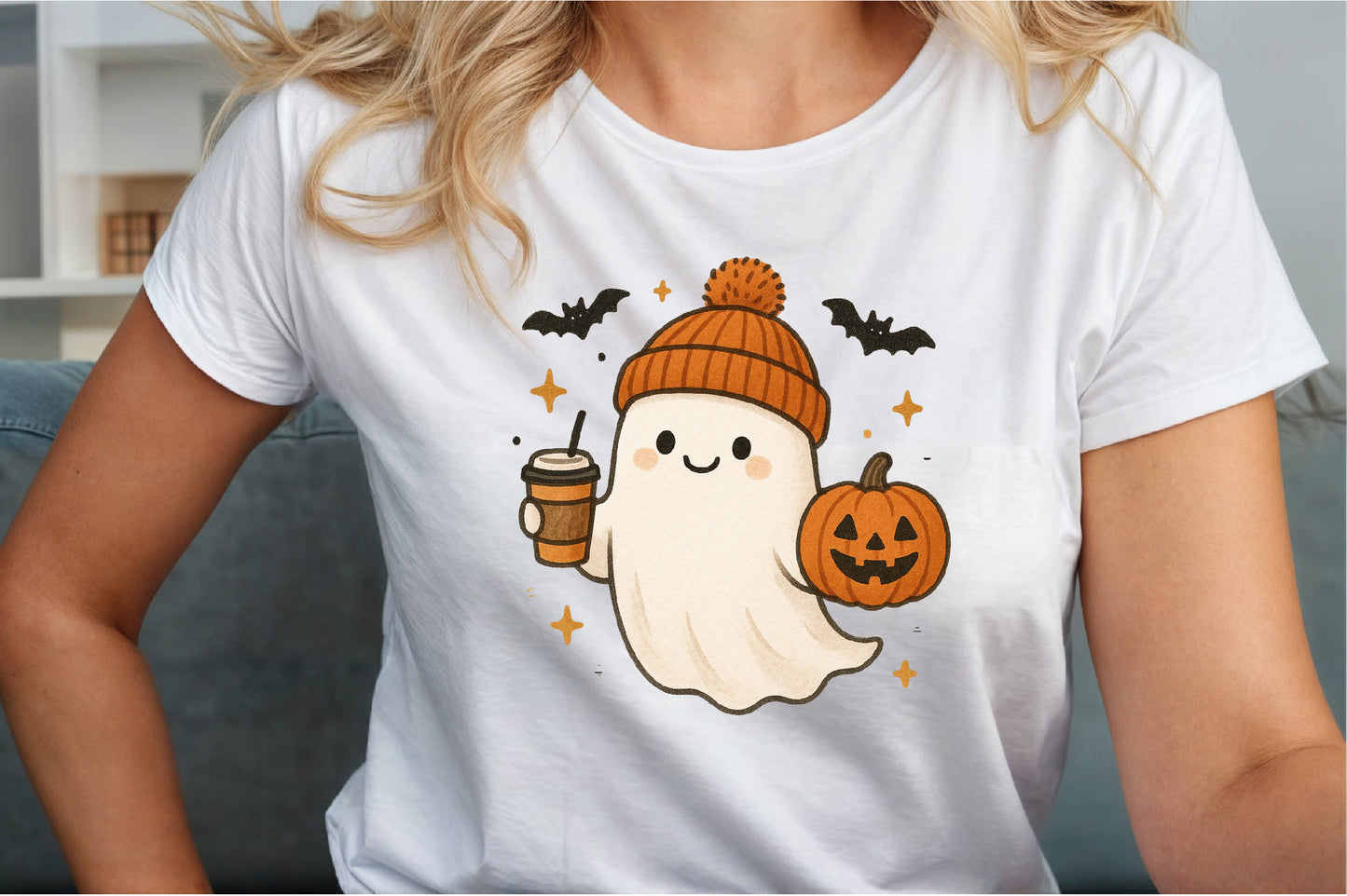 Cute Ghost Coffee Pumpkin Halloween PNG Sublimation